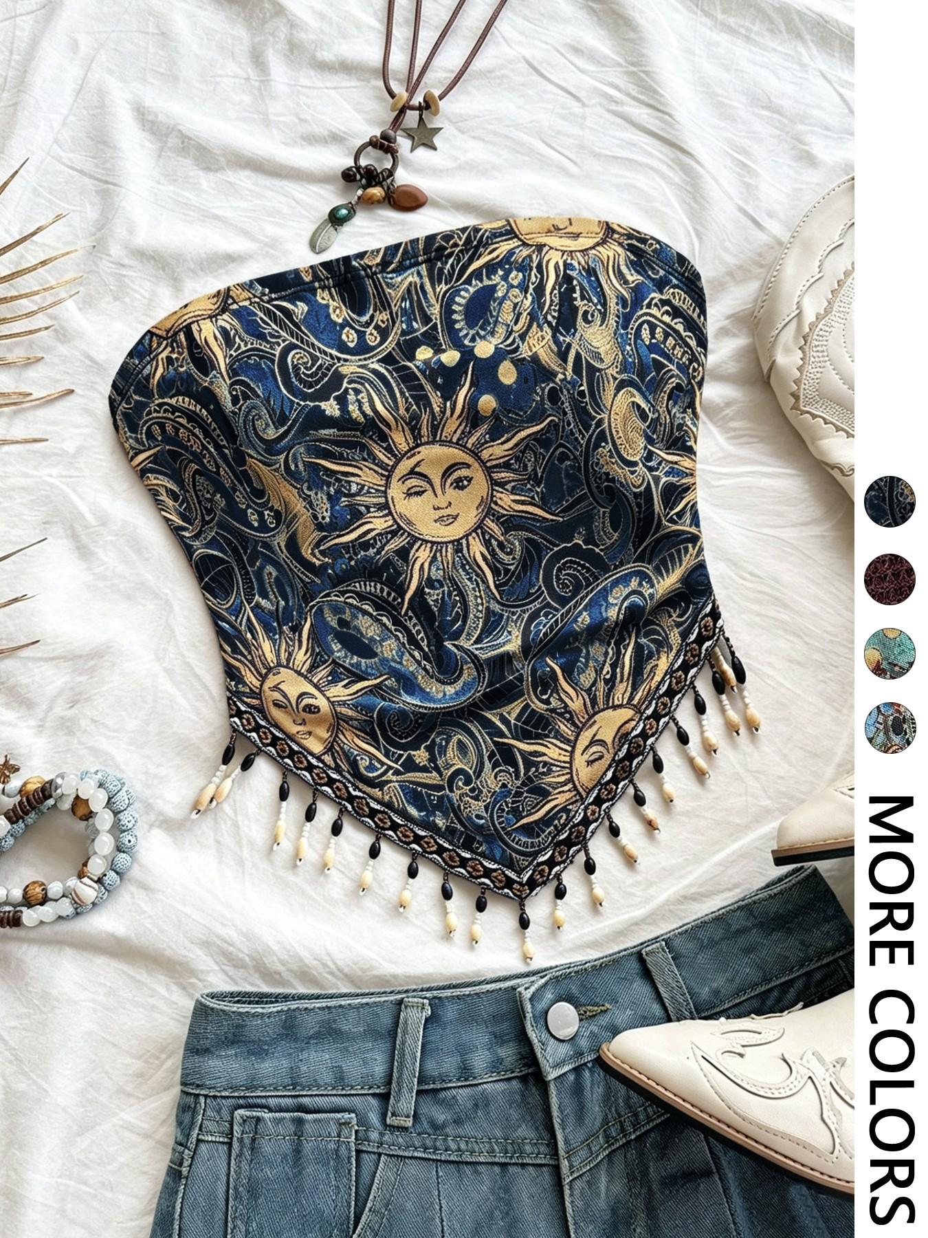 Ladies' 1pc Printed Mesh Knitt - Beaded Trim Fringe review and price